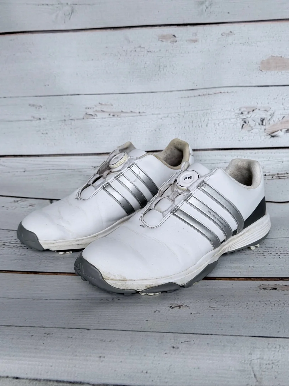 adidas Youth Tour360 24 BOA Spiked Golf Shoes White Silver - Size 7